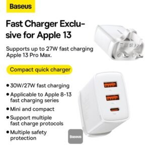 BASEUS CCXJ030102 BASEUS Compact 30W Fast Charger 2U+C Three Ports Travel Power Adapter UK, WHITE