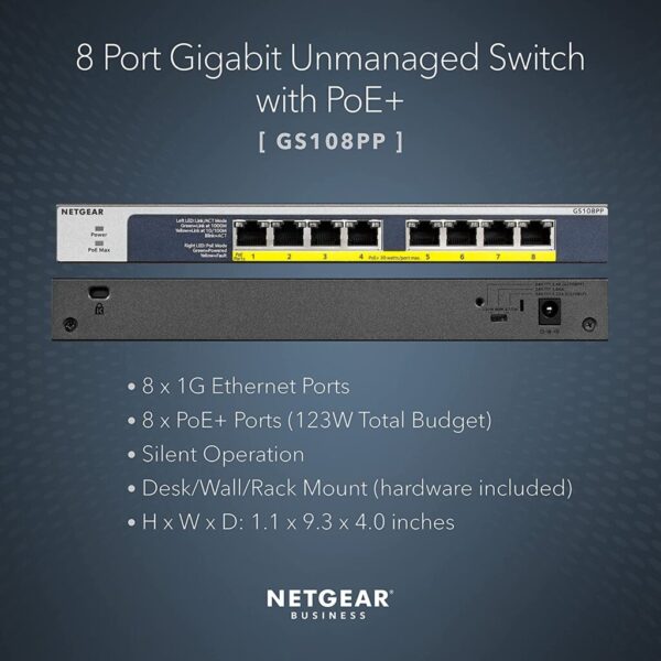 NETGEAR (GS108PP) 8-Port Gigabit Ethernet Unmanaged PoE Switch - with 8 x PoE+ @ 123W Upgradeable, Desktop/Rackmount, and ProSAFE Limited Lifetime Protection - Image 3