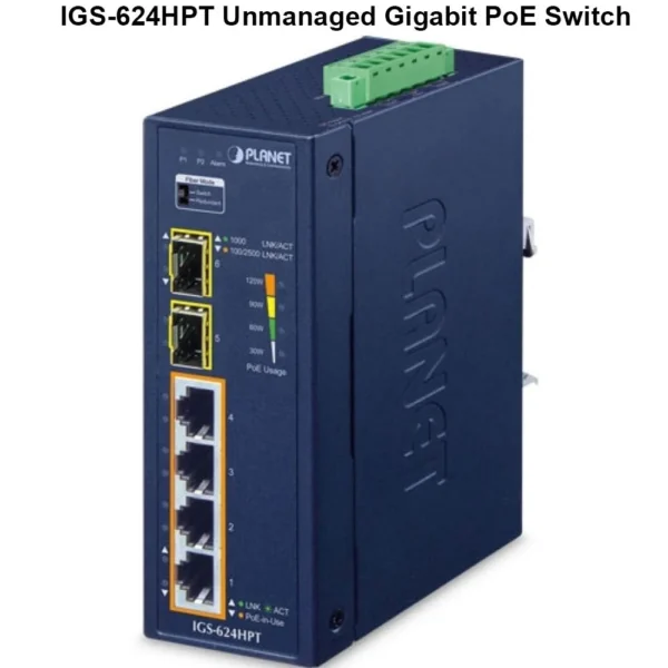 Planet IGS-624HPT Industrial 4-Port Gigabit PoE+ w/ 2-Port Gigabit SFP Ethernet Switch