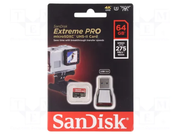 Sandisk Extreme Pro microSD Memory Card, 64GB, microSDXC, 275MB/s, 100MB/s