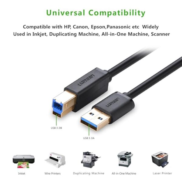 Ugreen USB 3.0 A Male to B Male, 24K Gold Plated Connector, Multiple Interior Shielding, 28+24AWG,OD - Image 4