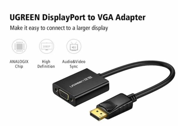 Ugreen DP Male to VGA Female Converter cable, support ATI Eyefinity - Black color, 18cm, Aluminum al - Image 3