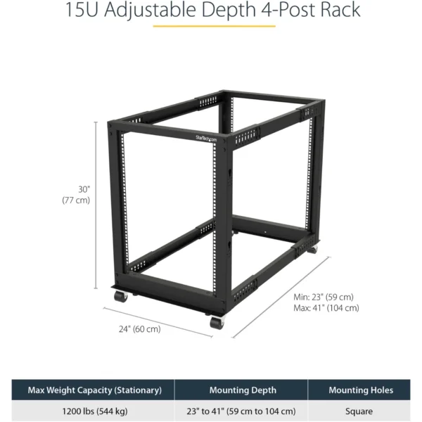 Startech.Com 4POSTRACK15U Rack - 15U Open Frame - 22-40 in. Depth - Image 2