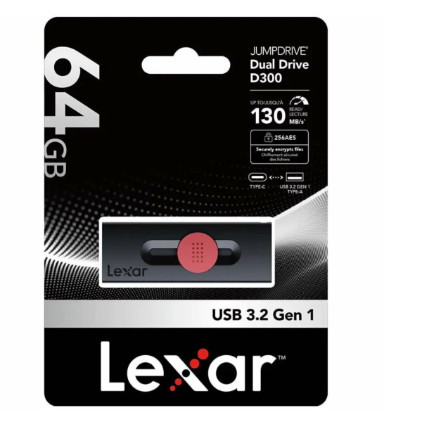 64GB - Lexar JumpDrive Dual Drive D300 USB 3.2 Gen 1 Type-C 2in1 Flash Drive