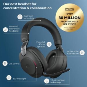 Jabra Evolve2 85 Wireless Over-the-head Stereo Headset - Black - Binaural - Supra-aural - Bluetooth