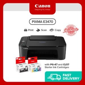 Canon PIXMA E3470 - A4 All-in-One Inkjet Color Printer. Print, Scan and Copy. Wi-Fi & Wi-Fi Direct, Apple Airprint? and Mopria? Print Service. Black color