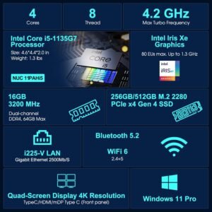 INTEL BNUC11TNHI50000 Intel® Core i5-1135G7 Processor (8M Cache, up to 4.20 GHz), powercord: NA, support M.2 and 2.5" Drive