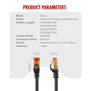 DAIYO CP-2558 SSTP Patch Cord Cat 8 Gigabit Ethernet 5m