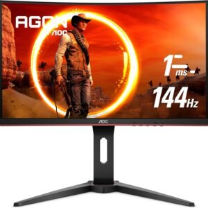 AOC CQ27G2 27" Super Curved Frameless Gaming Monitor QHD 2K, 1500R VA, 1ms, 144Hz, FreeSync, Height adjustable, 3-Yr Zero Dead Pixel, Black/Silver