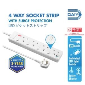 DAIYO DE384-3M LED 4 Way Extension Socket Strip with Surge- 3M