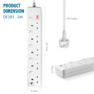 DAIYO DE385-3M, 5 Way Socket Strip / Individual Switch