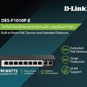 D-Link DES-F1010P-E 250M 8-Port 10/100 PoE Switch + 2 Gigabit Uplink Ports (96W)