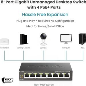 D-LINK DGS-1008P D-Link 8-port UTP PoE 10/100/1000Mbps (PoE port count/Average PoE watts per port: 4 (Port 1 - 4) / 1