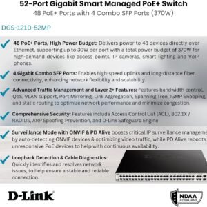 D-LINK DGS-1210-52XMP 48-Port Gigabit Stackable Smart Managed PoE Switch with 4 10GbE SFP+ ports, 37