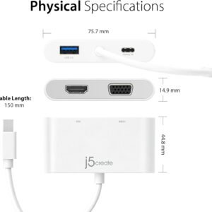 J5CREATE JCA175 j5create USB-C to HDMI & VGA Adapter with USB 3.0 Port & USB-C Power Delivery Charging Port