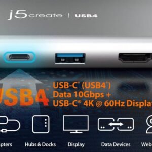 J5CREATE JCD401 j5create USB4 Dual 4K Multi-Port Hub -5 in 1 USB4 Hub with PD 85W, Dual 4K Display, DisplayPort 1.4, USB-A, USB-C Ports | for Macbooks, Windows Laptops, Thunderbolt 3/4, and USB4 Devices (JCD401)