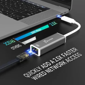 J5CREATE JCE145 j5create USB-C to 2.5G Ethernet Adapter, RJ45 LAN 2.5 Gigabit Network to USB Type C / Thunderbolt Converter, Compatible for MacBook Pro / Air, Tablets, Dell XPS, Surface Pro 7 (JCE145)