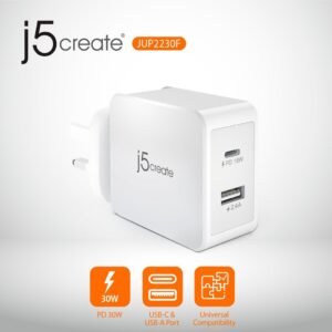 J5CREATE JUP2230F 30W 2-PORT PD USB-C MOBILE CHARGER POWER DELIVERY & QUICK CHARGE