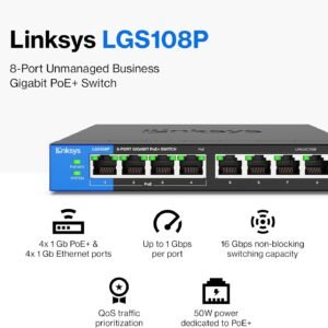 LINKSYS LGS108P-AP 8 Port Business Desktop Gigabit PoE+ Switch, Black