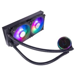 COOLER MASTER MLY-D24M-A23PZ-R1 Cooler Master MasterLiquid PL240 Flux Series 240mm AIO CPU Liquid Cooler, 0 RPM, Dual Chamber Pump, Enlarged Copper Base, ARGB PL-Flux 120mm Fans for AMD Ryzen/Intel 1700/1200/115X, Black