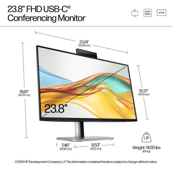HP Series 5 Pro 23.8_ FHD USB-C Conferencing Monitor - 524pm Monitor_Gallery Image 7_Product Walkaround and Dimen_M2936778
