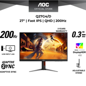 AOC PHI-Q27G4/D AOC MONITOR 27" Q27G4/D FAST IPS QHD 2K LED GAMING 200HZ HDMI 2.0 DP 1.4 HAS PIVOT SWIVEL VESA